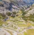 Road to the Stelvio mountain pass in Italy. Amazing aerial view of the mountain bends creating beautiful shapes Royalty Free Stock Photo