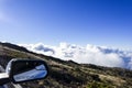 The road to the top of the Haleakala and side mirror of the car, MAUI, HAWAII Royalty Free Stock Photo