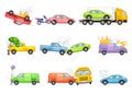 Road traffic accidents and car crashes set. Auto insurance cases vector illustration