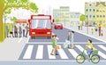 Road traffic with bus stop, pedestrians on zebra crossing and cyclists illustration