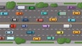 Road traffic. City street with cars and taxi top view. Town transportation vector background