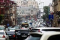 Road traffic of the city of Vladivostok. Traffic jam on the main street of Vladivostok - Svetlanskaya.