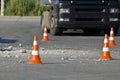 Road traffic cone on accident site