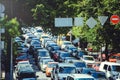 Road traffic, congestion on a city road. A car with a high load. The problem of urban infrastructure Royalty Free Stock Photo