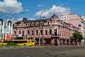 Road traffic in historic Podil neighborhood of Kyiv, capital of Ukraine