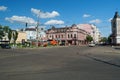 Road traffic in historic Podil neighborhood of Kyiv, Ukraine