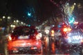 Road traffic in rainy night with cars and lights selective focus on rain drops blur effect Royalty Free Stock Photo