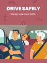 Road traffic rules banner calling to fasten seat belts, flat vector illustration.