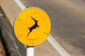 A road traffic sign of beware jumping wild deer into the road at nara national park.