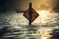 Road traffic sign drowning in flood water