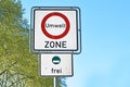 Road traffic sign marking a low emission zone in city centers in Germany