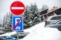 Road or traffic sign with no caravan parking during the winter time Royalty Free Stock Photo