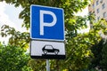 Road traffic sign parking for cars showing how to correctly place their vehicles Royalty Free Stock Photo