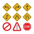 Road traffic signs set in yellow and red. Car direction on the road icons vector illustration way signpost Royalty Free Stock Photo