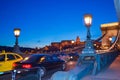 Road traffic on Szechenyi Chain Bridge Budapest city at dusk Hungary