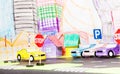 Road traffic in the toy city with parking and cars Royalty Free Stock Photo