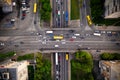 Road traffic with traffic jam on a highway overpass, top view. Two-level intersection of perpendicular highways with Royalty Free Stock Photo