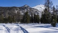 The road is trampled in snowdrifts. Tire and snowmobile tracks are visible. Royalty Free Stock Photo