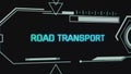 Road transport blue neon inscription on black background with aircraft symbol. Graphic presentation. Transportation