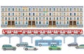 Road transport with elevated train and cityscape illustration