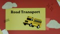 Road transport inscription on yellow and red background with moving bus symbol. Graphic presentation. Transportation