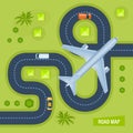 Road with traveling transport, surrounding landscape, flying up of plane.