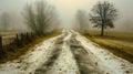 A road with a tree in the middle of it. The road is covered in snow and the sky is cloudy Royalty Free Stock Photo