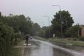 Road with trees and person with umbrella walking on sidewalk while raining