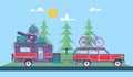 Road trip, Adventure, Trailering, Camping concept background. Journey by car. Fans club trailering. Trip to Europe.Modern flat ill