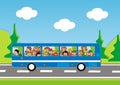 Road trip, bus with people, group school children, eps. Royalty Free Stock Photo