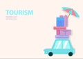 Road trip. Car with a lot of baggage in paper cut style in pastel colour. Travel. Vector illustration design