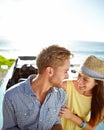 Road trip car park, beach and travel couple on holiday love adventure, transportation journey or fun summer vacation Royalty Free Stock Photo