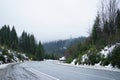 Road trip concept. Empty country road in winter. Trees and roadside in the snow. Winter trip Royalty Free Stock Photo