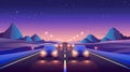 A road trip concept with vehicles driving on a highway on a sand desert at night. Modern cartoon illustration of a Royalty Free Stock Photo