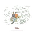 Road trip, couple in love on holiday, honeymoon vacation, backpackers, boyfriend and girlfriend sitting on hood banner