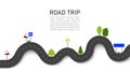 Road trip. 3D navigation and location on trip with signs and trees. Winding way map. Journey for car in highway. Travel on taxi.