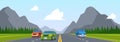 Road trip. Highway traffic with various cars on road lines sunrise and mountains view garish vector cartoon background