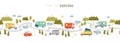 Road trip horizontal seamless pattern, doodle camper vans, vanlife, adventure - great for textiles, banners, wallpapers - vector