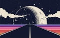 Road trip or road journey concept illustration with straight highway stretching beyond the horizon and giant Moon on background. Royalty Free Stock Photo