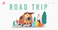 Road Trip Landing Page Template. Happy Family Loading Bags into Car Trunk Ready for Travel. Mother, Father and Child Royalty Free Stock Photo