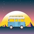 Road trip. Minivan with mountain landscape. Travel concept in mountains on the background. Adventures in nature. vector