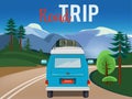 Road trip. Moving car on the road summer landscape background countryside adventure vector cartoon illustration Royalty Free Stock Photo