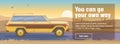 Road Trip Poster with Car on Beautiful Sunset Landscape. Holiday Adventure Design Concept. Good for Advertisement Banner Card Royalty Free Stock Photo