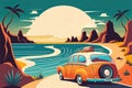 Road trip poster with car on the road to the sea beach. Travel banner, summer vacation and journey with ocean coast landscape with Royalty Free Stock Photo