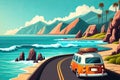 Road trip poster with car on the road to the sea beach. Travel banner, summer vacation and journey with ocean coast landscape Royalty Free Stock Photo