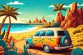 Road trip poster with car on the road to the sea beach. Travel banner, summer vacation and journey with ocean coast landscape Royalty Free Stock Photo