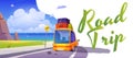 Road trip poster with car on road to sea beach Royalty Free Stock Photo