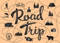 Road trip poster with a stylized map with point of interests Royalty Free Stock Photo