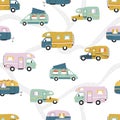 Road trip seamless pattern, doodle camper vans, vanlife, adventure - great for textiles, banners, wallpapers - vector design