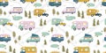 Road trip seamless pattern, doodle camper vans, vanlife, adventure - great for textiles, banners, wallpapers - vector design